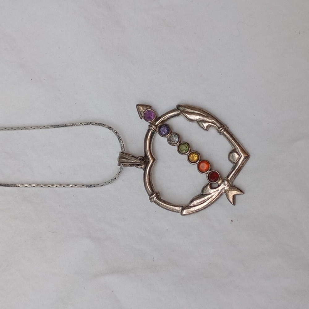 Hand Crafted Silver Heart Pendant Necklace with Multicolor Stones Rainbow Mother